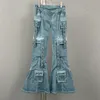 2023 Zomer Runway Effen Katoen Flare Jeans Vrouwen Mode Hoge Taille Geperforeerde Likdoorns 6 Zakken Cargo Broek Blauwe Oceaan