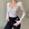 Pants Black Sexy Lace Long Sleeve Tshirt Women Autumn Mesh Office Lady Slim Tee Shirt Square Collar Blouses Tops Woman Clothing