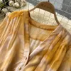Podstawowe sukienki na co dzień francuska sukienka trapezowa damska nowa moda V Neck z długim rękawem nieregularny wzór tie-dye Print wąska szyfonowa odzież świąteczna Vestiddos 2023