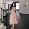 Casual Dresses Temperament Fashion Pink Chiffon Lace Long Dress 2023 Summer Light Luxury Style Xianqi Fit Sexy Women
