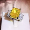 Cluster Rings 2023 Fashion Princess Topaz Rectangular Diamond Opening Adjustable Couple Ring For Women Engagement Bridal Gift Jewelry