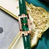 Orologi da polso Orologi da donna Fashion Square Orologio al quarzo da donna Set di braccialetti Quadrante verde Semplice pelle da donna di lusso