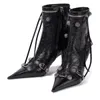 New black pointed high-heeled boots fashion naked boot Metal buckle decoration women's shoes motorcycle tassel Leather Zip shoes luxury designer 35-42