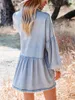 Women's Blouses Women Long Denim Shirt Plain Color Turn-Down Collar Sleeve Front Button Loose Style Dress With Pockets