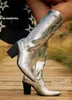 Botlar Kovboy Kovbaşları Kadınlar Metalik Gümüş Yığılmış Topuklu Zip Batı Orta Buzağı Günlük İşlemeli Ayakkabılar