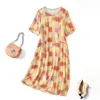 2023 Summer Yellow Plaid Print Panelled Silk Dress Short Sleeve Round Neck Knee-Length Casual Dresses C3Q04 Plus Size XXL 5079