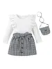 Clothing Sets Girls Fall Outfit Solid Color Ruffle T-Shirt Tops With Born Plaid Skirt Belt Bag - Trendy Clothes For Kids (4-7T)