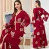 Этническая одежда Abaya Вечернее платье красное V-образное выстрелы Турецкое марокканское кафтан кафтан мусульманская осенняя мода Женская элегантная длинная