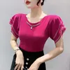 Women's T Shirts Summer Fashion Women T-shirt Ruffles Sleeve Drilling Casual Tops Slim Roune Neck Chain Lady Shirt