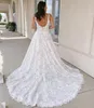 Celestial-inspired Lace Wedding Dress 2024 Chapel Train Bridal Rehearsal Reception Engagement Party Night Dance Gown Winter Bride Boho Square Neck Scoop Back