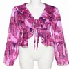 Blusas femininas roxas com estampa floral blusa cropped com babados decote em V manga comprida tops amarrar camisas Y2k roupas vintage