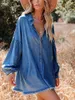 Women's Blouses Women Long Denim Shirt Plain Color Turn-Down Collar Sleeve Front Button Loose Style Dress With Pockets