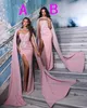 Sexy Side Slit Roze Elegante Satijnen Zeemeermin Galajurken Met Lange Cape Wrap Glinsterende Pailletten Beaded Kaftan Dubai Arabische Geplooide Avond Formele Feestjurken CL2573