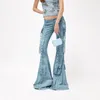 2023 Zomer Runway Effen Katoen Flare Jeans Vrouwen Mode Hoge Taille Geperforeerde Likdoorns 6 Zakken Cargo Broek Blauwe Oceaan
