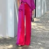 Damskie spodnie dwuczęściowe damskie dorywczo koszula na jedno ramię Top z wysokim stanem szerokie nogawki stroje wakacyjne Streetwear letni satynowy modny zestaw
