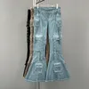 2023 Zomer Runway Effen Katoen Flare Jeans Vrouwen Mode Hoge Taille Geperforeerde Likdoorns 6 Zakken Cargo Broek Blauwe Oceaan