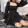Casual Dresses Y2K Sexy Black Lace Up Mini Dress Vintage Aesthetic Long Puff Sleeve Trim Party Gothic Harajuku Fairy Grunge
