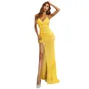 Robes Décontractées Sexy Jaune Col En V Voir À Travers Les Femmes Buxom Sequin Spaghetti Strap Maxi Robe De Bal Haute Jambe Split Custom Made Party Vestidos