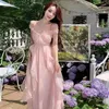 Casual Dresses Temperament Fashion Pink Chiffon Lace Long Dress 2023 Summer Light Luxury Style Xianqi Fit Sexy Women