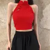 Vrouwen Tanks Sexy Meisje Vest Top 2023 Zomer Effen Kleur Vintage Chinese Stand Kraag Spanschroef Gewatteerde Slanke Korte HSJ1882