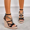 Sandálias Verão Cunha Feminina Straw Rope Weave Sapatos Plataforma Moda Peep Toe Strass Salto Alto Mulher Casual Gladiador