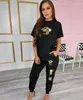 Embroidery Tracksuits Black Outfits Women Casual T-shirt and Sweatpants 2Pcs Set Free Ship