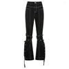 Women's Jeans Vintage Black Splicing Punk Denim Flare Pants Slim Women Hipster Bandage Hip Hop Trousers Y2K Bottoms Female Clothing