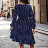 Casual Jurken Sexy Dot Print Laag Uitgesneden Jurk Vrouwen Diepe V Elastische Tie Taille Lantaarn Mouw Ruche Elegante Vrouwelijke Herfst Streetwear Vestido