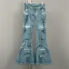 2023 Summer Runway Jeans a zampa di cotone solido Moda donna Vita alta Calli traforati 6 tasche Pantaloni cargo Blue Ocean