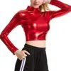 Women's T Shirts Pu Short Tops Women Liquid Metallic Leather Long Sleeve Crop Top Punk Turtleneck Dance Clubwear Shirt Costumes Cropped