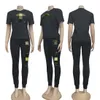 Embroidery Tracksuits Black Outfits Women Casual T-shirt and Sweatpants 2Pcs Set Free Ship