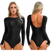 Traje de baño Sexy para mujer, traje de baño de leotardo para mujer, traje de baño de manga larga con cuello redondo y espalda en U, traje de baño liso brillante de una pieza