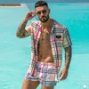 Fatos de treino masculinos verão conjuntos havaianos com estampa de leopardo camisa de manga curta praia shorts de botão de férias terno de duas peças cardigã de alta qualidade 230707