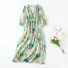 2023 Summer Multicolor Print Belted Single-Breasted Silk Dress 1/2 Half Sleeve V-Neck Ruffled Midi Casual Dresses C3Q04 Plus Size XXL 5070