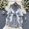 Basic Casual Dresses New Fashion Stand Collar Long Sleeve Vintage Ethnic Print A-line Short Dress Women Summer Single Breasted Elegant Vestidos 2023