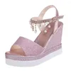 Crystal Wedges Pearl Open Sandals Toe Women's Buckle Strap High Heel Shoes For Women Fashion Casual Outdoor Bortable 477