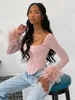 Jeans Chicology Mesh Feather Corset Long Sleeve Top Women Sexig T Shirt 2022 Spring Summer Clothes Sexig Tshirt Y2K Bodice