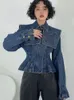 Pantolon Koreli Şık Vintage Tasarım Bel Kapalı Kısa Denim Ceket Kadın Liman Tarzı Ofis Lady Wear Jean Coat Donanma Lideri Kadın Ceket
