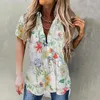 Women's Blouses Summer Women Floral Shirts Tops Front Button Cardigan Short Sleeve Pockets Turn Down Collar Elegant Retro Slim Blusas