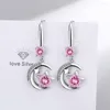 Baumelnde Ohrringe aus 925er-Sterlingsilber, süßer Stern, Mond, süßer rosa Zirkon für Frauen, Hochzeit, Schmuck, Geschenk, Party