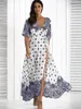 Robes de soirée Boho femme Sexy col en V profond rétro Vintage imprimé fleuri demi manches tunique ceinturée longue Maxi robe femme 2023