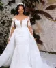 Africain magnifique dentelle blanche robe sirène manches longues encolure dégagée robes de mariée détachable train église mariée robes de mariée grande taille Robe De es