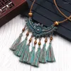 Pendant Necklaces Women Boho Vintage Blue-Mixed Tassel Necklace Choker Leather Long Sweater Rope Chain Statement Jewelry Accessories
