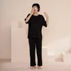 Women's Sleepwear Round Neck Pajamas Modal Shirt Pant Solid Color Home Clothes Short Sleeve Nightwear Chest Pad Casual 2Pcs Outside