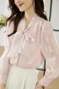 Blusas Femininas Moda Blusa Laço de Cetim Sólido Camisas Coreanas Para Mulheres Elegante Camisa de Organza com Cadarço Único Seios Chiffon Manga Longa