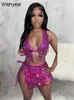 Women's Swimwear year Summer Tassel Sequin 3 Piece Bikini Set Swimsuit Woman Bra Top Thong Wrap Skirts Sexy Swimwear Beach Outfits 230707