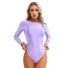 Traje de baño Sexy para mujer, traje de baño de leotardo para mujer, traje de baño de manga larga con cuello redondo y espalda en U, traje de baño liso brillante de una pieza