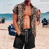 Fatos de treino masculinos verão conjuntos havaianos com estampa de leopardo camisa de manga curta praia shorts de botão de férias terno de duas peças cardigã de alta qualidade 230707