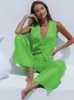 Calças femininas de duas peças 2023 verão algodão verde conjuntos colete top e pernas largas conjunto feminino ternos de escritório roupas
