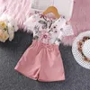 Clothing Sets Middle Kids Summer Girls Suit Floral Print Lace Edge Short Sleeved Top Bow Solid Color Shorts Two Piece Set